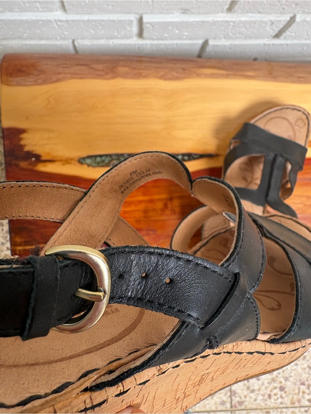 Born Black Leather Cork Wedge Sandals with Adjustable Strap, Women’s Size 8 - Picture 6 of 7